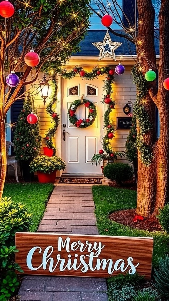 Outdoor Christmas decorations including a wreath, lights, and a wooden sign in a festive yard.